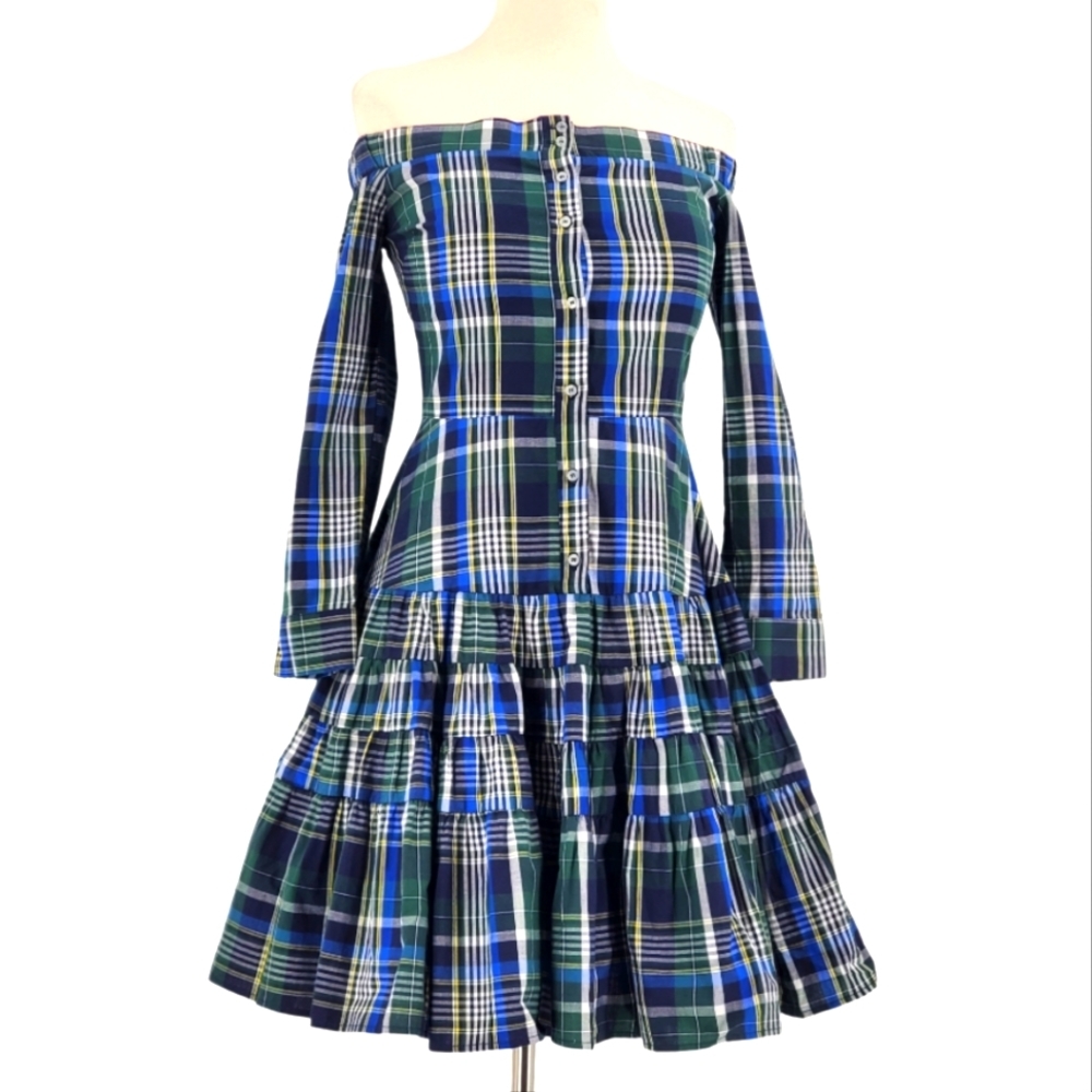 Gianni Bini Daisy Blue Plaid Off the Shoulder Long Sleeve Tiered Mini Dress XS 2